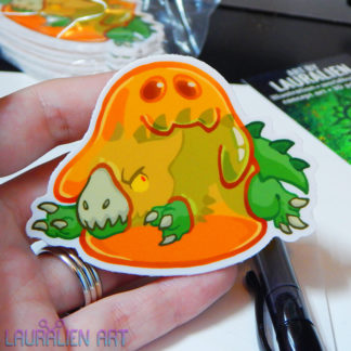 A 3" sticker of a cute cartoon of a happy SCP-999 engulfing an angry SCP-682