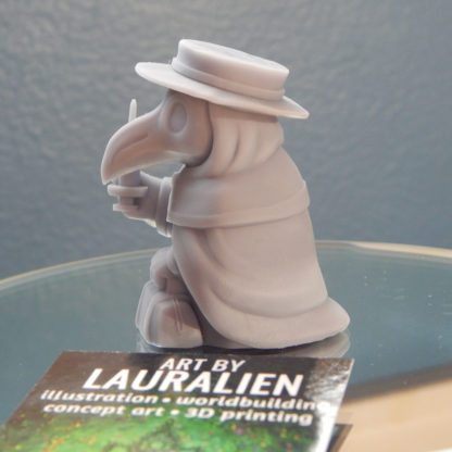 A small, unpainted plague doctor figurine. It holds a leather bag and syringe.