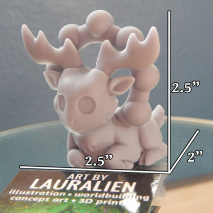 A small, unpainted figurine of SCP-2845: the Deer God. Its measurements are 2.5" tall, 2.5" wide, and 2" deep.