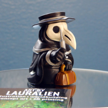 A small, handpainted plague doctor figurine. It holds a leather bag and syringe.
