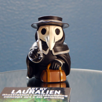 A small, handpainted plague doctor figurine. It holds a leather bag and syringe.
