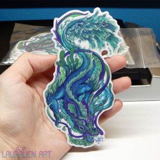 A 5" sticker of a ferocious chinese dragon, engulfed in water