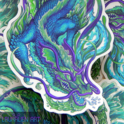 A 5" sticker of a ferocious chinese dragon, engulfed in water